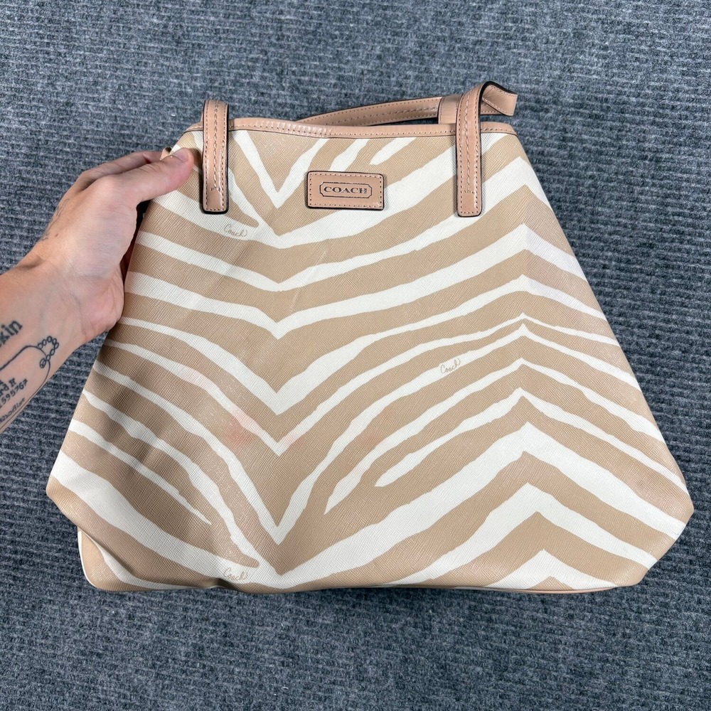 Coach Tote Bag Women Medium Tan Fair Zebra Print Saffiano Leather F26983
